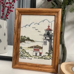 Lighthouse Cross-Stitch Art in Wooden Frame 4x6
